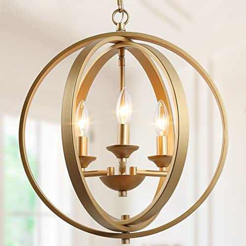 KSANA Gold Chandelier, 3 Lights Modern Gold Globe Pendant Light Fixtures, Globe Foyer Pendant Lighting for Kitchen Island, Dining Room and Entrance, 14 L x 18 H, Soft Gold