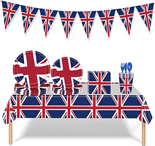 114 Pcs Queens Platinum Jubilee 2022 Decorations Party Supplies Union Jack Tableware Set - Union Jack Tablecloth/Napkins/Cups/Paper Plates/Dinnerware Set/Bunting Flags (A)