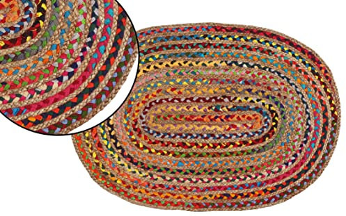 Jute-Teppich, oval, geflochten, eng geflochtener Chindi- und Jute-Teppich, wendbar, langlebig, nachhaltig, für Schlafzimmer, Bodenteppich, Schlafzimmer, Jute-Küchenteppich, 61 x 91,4 cm, mehrfarbig