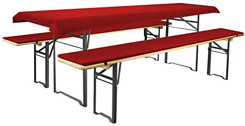 Brandsseller Auflagenset für Bierzeltgarnituren 3-teilig 2 Bankauflagen gepolstert 220x25 cm und 1 Tischdecke 240x90 cm für alle gängigen Festzeltgarnituren Bierbankauflagen Outdoor - Rot