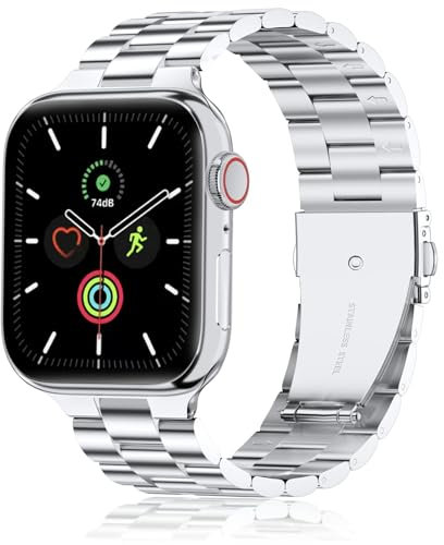 QAZNZ Metall Kompatibel mit Apple Watch Edelstahl Armband 46mm 45mm 44mm 49mm 42mm(Series 3 2 1), Herren iWatch Bands für Apple Watch Ultra 2/Ultra SE/Series 10 9 8 7 6 5 4 3 2 1(Silber)