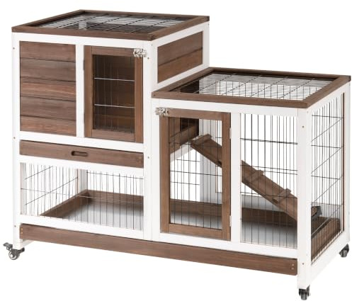 PawHut Wooden Indoor Rabbit Hutch Enclosed Run 110 x 50 x 88 cm, Brown | Guinea Pig House, Bunny Small Animal Cage, W/ Wheels