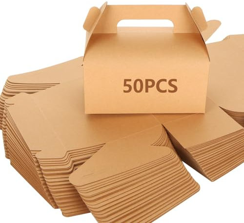 GOYADA 50 Pcs Brown Kraft Gift Boxes with Handles, 16 x 9.5 x 9.5CM, Cake & Party Food Boxes for Cupcakes, Candies, Chocolates