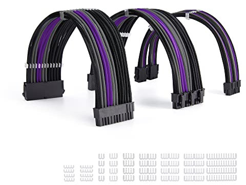 Formulamod Power Supply Extension Cable 18AWG (1) ATX 24P, (2) EPS 8-P+ (3) PCI-E8-P, with Combs for PSU to Motherboard/GPU (I, Black, Grey, Purple)