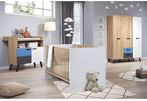 Babyzimmermöbel, mit höhenverstellbaren Babybett weiß, Wickeltisch mit Wickelaufsatz und Kleiderschrank 3 türig in weiß Graphit und Buche inkl. Wechselblenden in rosa und blau