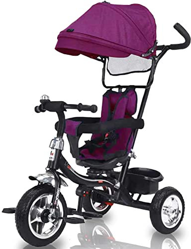BAKAJI Triciclo Passeggino per Bambini Viola con Pedali o Manico Antiscivolo Ergonomico per Spinta, Sediolino Imbottito con Cinture di Sicurezza, Asta Direzionabile, Tettuccio Cappottino Parasole