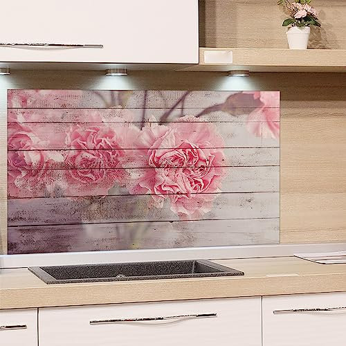 GRAZDesign Spritzschutz Küchenrückwand Glas Küche für Herd & Küchenspüle, Holz Optik mit Blumen | Glasplatte Rückwand Küchenwand | 80x50cm