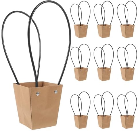 Happyyami 10 Sacchetti Con Maniche A Fiore Sacchetti Floreali In Carta Kraft Per Regali Per Fiori Con Manico Lungo Per Confezionare Bouquet Feste Di Nozze