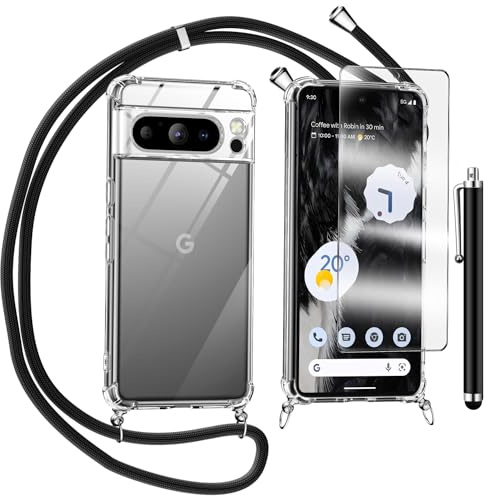 TTSWJBD Handykette für Google Pixel 8 Pro 6.7 Hülle mit Displayschutzfolie Schutzfolie, Necklace Handyhülle mit Abnehmbar Kordel zum Umhängen Transparent Silikon Schutzhülle mit Band in Schwarz