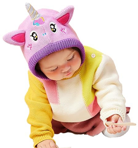 Huakunda Baby Mütze Beanie Wintermütze Unisex Baby Warm Schlupfmütze Mädchen Jungen Kinder Mütze Mit Ohrenklappen Strickmütze 0-2 Jahre (Lila Einhorn)