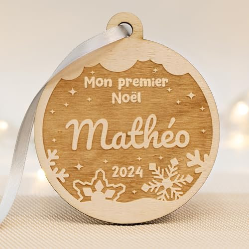 Boule de Noël personnalisée Mon Premier Noël en Famille Décoration de Noël Bois prénom Sapin de Noel 1er Noël Ornement Personnalisable