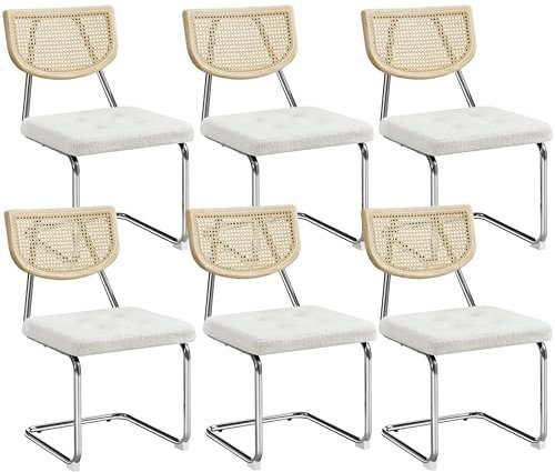 Yaheetech Chaises Cantilevers Lot de 6 Chaises de Salle à Manger Tissu Bouclette Dossier en Rotin Tissé Chaises de Cuisine Assise Capitonnée Pied en Métal Chaises pour Cuisine Hôtel Blanc