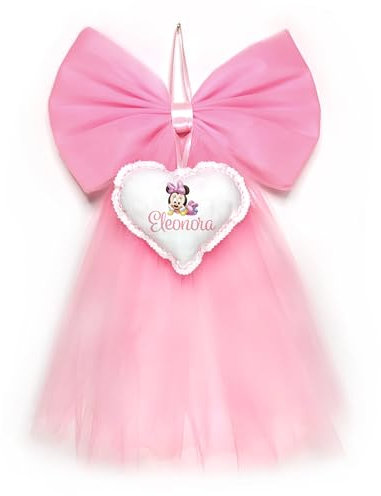 Crociedelizie, fiocco nascita bimba in tulle rosa disegno nome personalizzato elegante semplice coccarda fuori porta cuore
