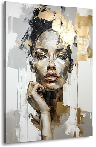 Kunstgestalten24 Leinwandbild Abstraktes Frauen Portrait Weiss Gold Wandbild Wanddeko
