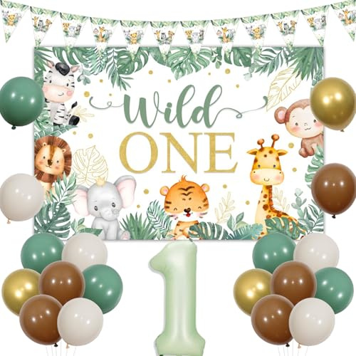Sursurprise Safari 1. Geburtstag Dekorationen für Junge Mädchen, Salbeigrün Braun Wild One Hintergrund Dreieck Flaggen Banner, Dschungel 1. Leopard Giraffe Ballon, ein Jahr altes Tier Geburtstag Party