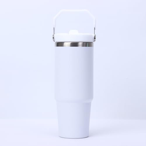 Gerrit 30 oz Stainless Steel Tumbler with Flip Straw & Handle, Insulated Double Walled Water Bottle for Home, Office, Car, Leak Proof, Reusable Cup 2-in-1 Straw & Sip Lid Women Men (White)