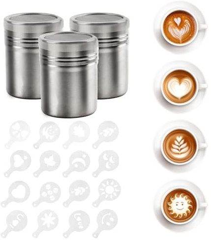 RYNA 3 Pezzi Spargi Zucchero a Velo in Acciaio Inossidabile Spargi Cacao in Polvere con 16 Stencil Cappuccino Spargi Zucchero a Velo e Cacao per Caffè Cucina