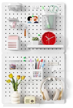 PEGZONE Pegboard Wall Organizer Combination Kit,Overall 33.1x20.5 Metal Office Pegboard with 19 Accessories, Wall Mounted Peg board Display Panels for Home, Gaming Room, Garage (2Pcs,White)