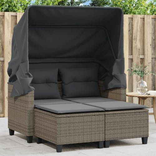 LAPOOH Gartensofa 2-Sitzer mit Dach und Hockern Grau Poly Rattan, Gartenlounge, Terrassenmöbel, Balkonmöbel, Terrassen Sofa, Gartenmöbel - 365783