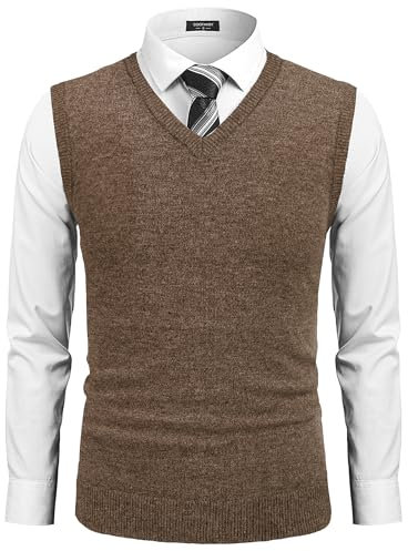 COOFANDY Men's V-Neck Sleeveless Knitted Vest Classic Business Sweater Slim fit Waistcoat for Men Brown M