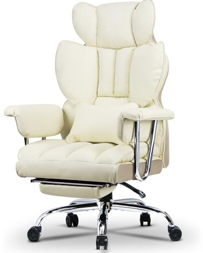 naspaluro High Back PU Leather Ergonomic Computer Recliner, Big Tall Executive Desk Office Chair with Armrests/Footrest, Comfy Heavy Duty Swivel Study Chairs, Adjustable Home Office Beige Work Chair