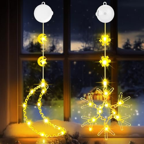 OUILA Weihnachtsbeleuchtung Fenster, Mond & Schneeflocken Lichterkette Fenster Innen Funkel mit Saugnäpfe & Timer Lichterketten Weihnachts Weihnachtslichterketten für Weihnachtsdeko Innen(Warmweiß)