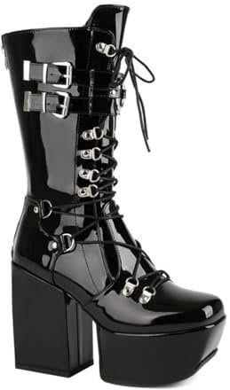 Stivaletti da Donna con Lacci E Plateau Cerniera Punk Gotico Anfibi A metà Polpaccio Stivali Tacco Largo Stivali Corti con Cerniera,Black Patent,43 EU