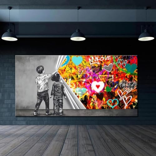 Jungen Mädchen enthüllen den Vorhang, Liebesherz, Graffiti-Gemälde, Banksy, Leinwand-Kunstposter und Drucke für Wohnzimmerdekoration, 60 x 120 cm, rahmenlos