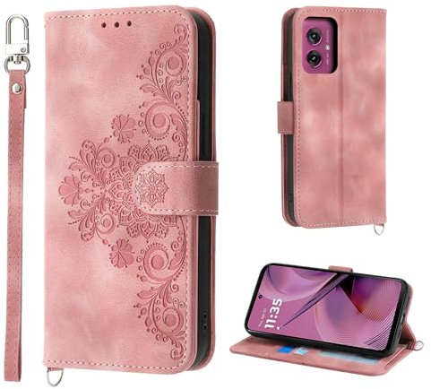 Auslbin Hülle für Motorola Moto G55 5G 6.49 Blumen Tasche, 5 Kartenfächer Handyhülle für Motorola Moto G55 Vintage-Stil PU-Leder Flip Schutzhülle, Rosa