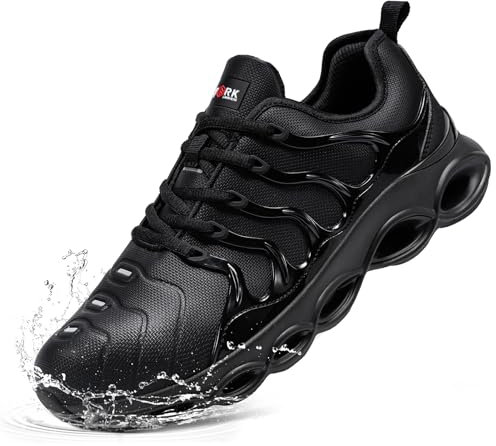 LARNMERN Chaussures de Sécurité Hommes Imperméables Amorti Légere Chaussures de Travail Confort Mode Embout Acier Anti-Smashing Baskets de Sécurité(Grille Noire Microfibre,45 EU)