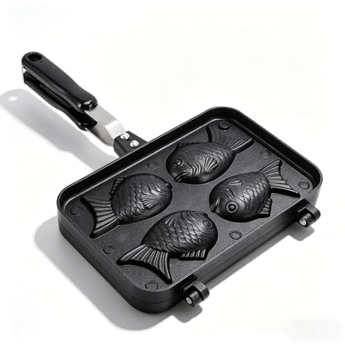 Yctze Double Taiyaki Fish Shaped Cake Maker, Non-Stick Mini Waffle Cake Maker Baking Pan with Long Handle, Electric Japanese Korean Pancake Mould for Kids & Professionals