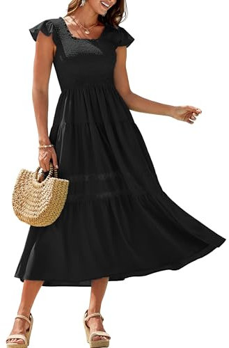Dresses for Women UK Long Swing Beach Dress Ladies Square Neck Smocked Dresses Party Daily Black M