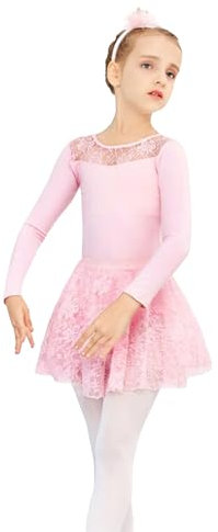 Wisebom Robe de Ballet pour Filles Deux Pièces Manches Longues Robe de Danse Corporelle Justaucorps Danse avec Jupe Tutu de Dentelle (FR/ES, Numérique, 130, Taille Normale, Rose)