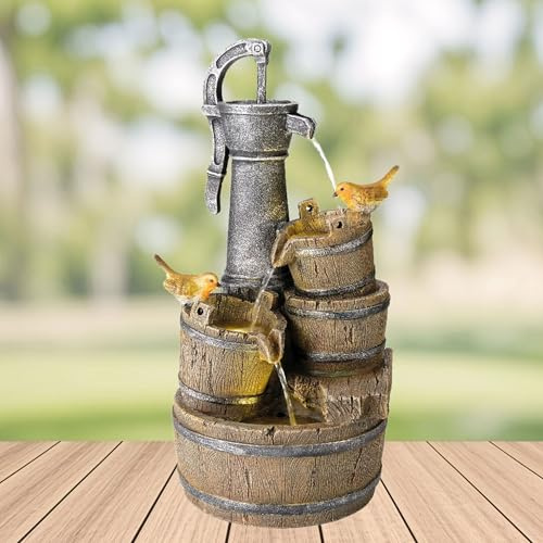 Lumineo outdoor robin water fountain - garden water feature - robins on barrels - warm white LEDs - mains powered small outdoor fountain.