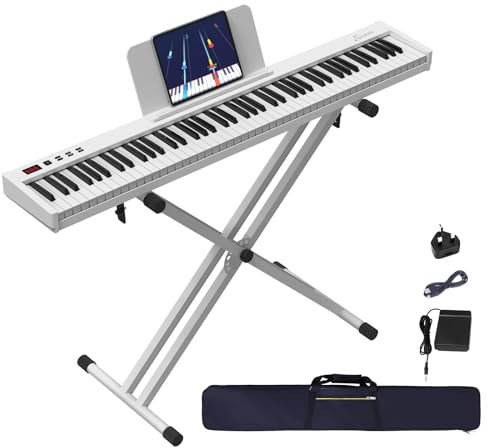 OYAYO Keyboard Piano Set mit Ständer 88 Tasten E-Piano Seim-Gewichtet, Kompakt und Tragbar Digital piano mit Tragetasche, Notenständer und Sustain-Pedal, Klavier Weiß für Erwachsene und Kinder
