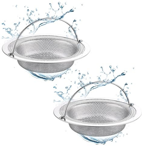 2 Stück Abflusssieb Edelstahl, Küchenspüle Spülbecken Sieb, Rostfreier Verstopfungsschutz Küche Abfluss Spüle mit Griff, Waschbecken Sieb für Küche, Badezimmer (11 x 8 x 2 cm)