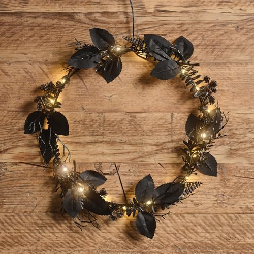 Lights4Fun 30cm Black Halloween Wreath with Gothic Foliage and 20 Warm White Micro LEDs – Battery Operated Twig and Leaf Door Decoration with 6-Hour Timer for Indoor Styling