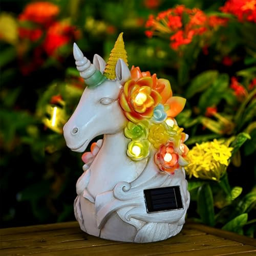 Tuzsocr Einhorn Gartendeko,Solar Einhorn Gartenfiguren,Wetterfest Einhorn Statue für Außen,mit Sukkulenten und 8 LED Leuchten,Einhorn Skulptur für Garten Draußen,Einhorn Geschenke für Mädchen Frauen