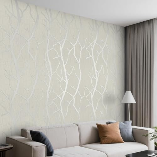Beswitory Beige Wallpaper Modern Minimalist Curve Tree Striped Patterns 3D Embossed Non-Woven Glitter Wallpaper for Adults Kids Bedroom Living Room Lounge TV Backdrop Hallway and Stairs A