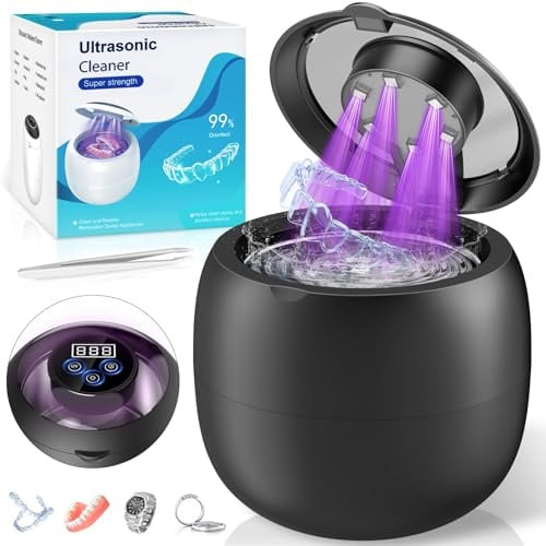Wireless Ultraschallreinigungsgerät 48000Hz, 210ML Wiederaufladbarer Ultraschallreiniger mit Digitalem Timer, 6 UV-Lampen, 4 Modes for Zahnersatz, Retainer, Aligner, Prothesen, Zahnschiene, Schmuck