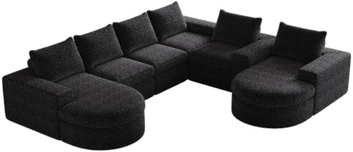 SHAIRMB Chenille-Sofa mit gebogenen Elementen und Liegestuhl, vollständig komprimiert und ohne Gestell, modulares Kombinationssofa L-Liegestuhl, Schaumstoff-Kompressionssofa,Black + Chenille + 6 seat