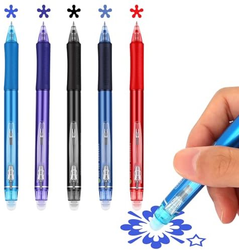 MOTIBACK 5er Set Radierbare Druckmechanik Gelroller 0.5 mm – Farben Schwarz, Blau, Hellblau, Violett, Rot (Schwarz, Blau, Hellblau, Violett, Rot)
