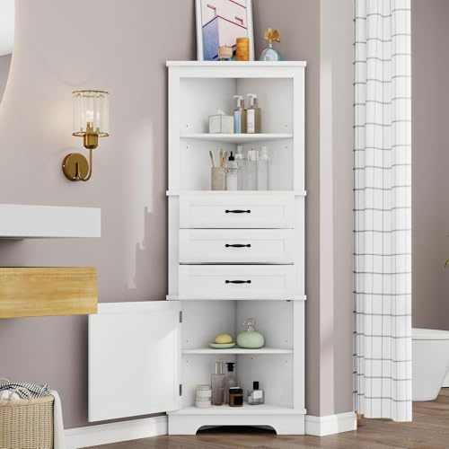kowdom Mueble bajo lavabo y armario esquinero 57,7 x 46 x 167,5 cm blanco – con 3 cajones, compartimentos abiertos y estantes ajustables, lacado resistente a la humedad, ahorra espacio para baños