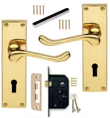 Victorian Scroll Polished Brass Lever Lock Door Handles + 3 Lever Lock Set