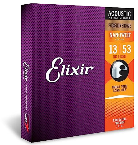 Elixir Cuerdas de guitarra acústica Strings de bronce fosforado con recubrimiento NANOWEB, calibre ligero HD (.013-.053)