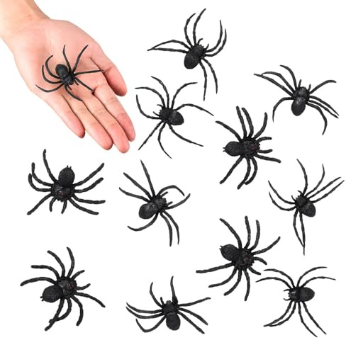 Boland 74466 - Spinnen Set, 12 Stück, Größe 7 x 8 cm, Schwarz, Achtbeiner, Krabbeltiere, Tiere, Accessoire, Dekoration, Halloween, Motto Party, Karneval