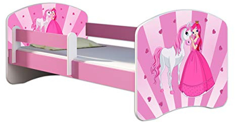 ACMA Kinderbett 80 x 160 cm mit Matratze & Lattenrost – Jugendbett mit Rausfallschutz, personalisiertes Motiv 08 Princess - Rosa, Mädchenbett ab 3 Jahren, belastbar bis 120 kg