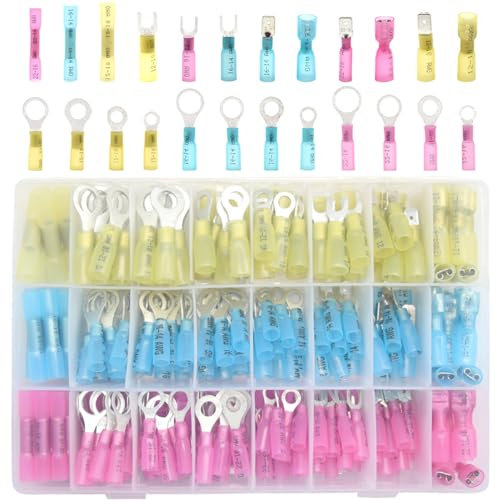 Yosawo 265 Pieces Heat Shrink Wire Connector Electrical Terminals Kit,Insulated Waterproof Electrical Crimp Marine Automotive Terminals Set,Ring Fork Spade Butt