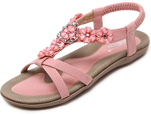 Acfoda Sandales Femme Été Chic Plates Confortable Bohême Chaussure Léger Mules Tongs Orthopédiques Sandalette Cuir nus pieds avec Strass Rose 39