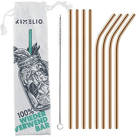 KIMELIO 304 Edelstahl Strohhalme [8 Dünne Wiederverwendbar + Reinigungsbürste & Baumwollbag] Cocktail Trinkhalme, Umweltfreundlich, BPA Frei, Rosé Gold